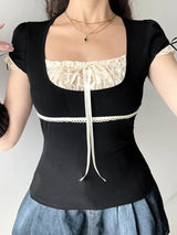 Lace Trim Crop Top: Sweet Square Neck Harajuku Tee From Kawaii Stop