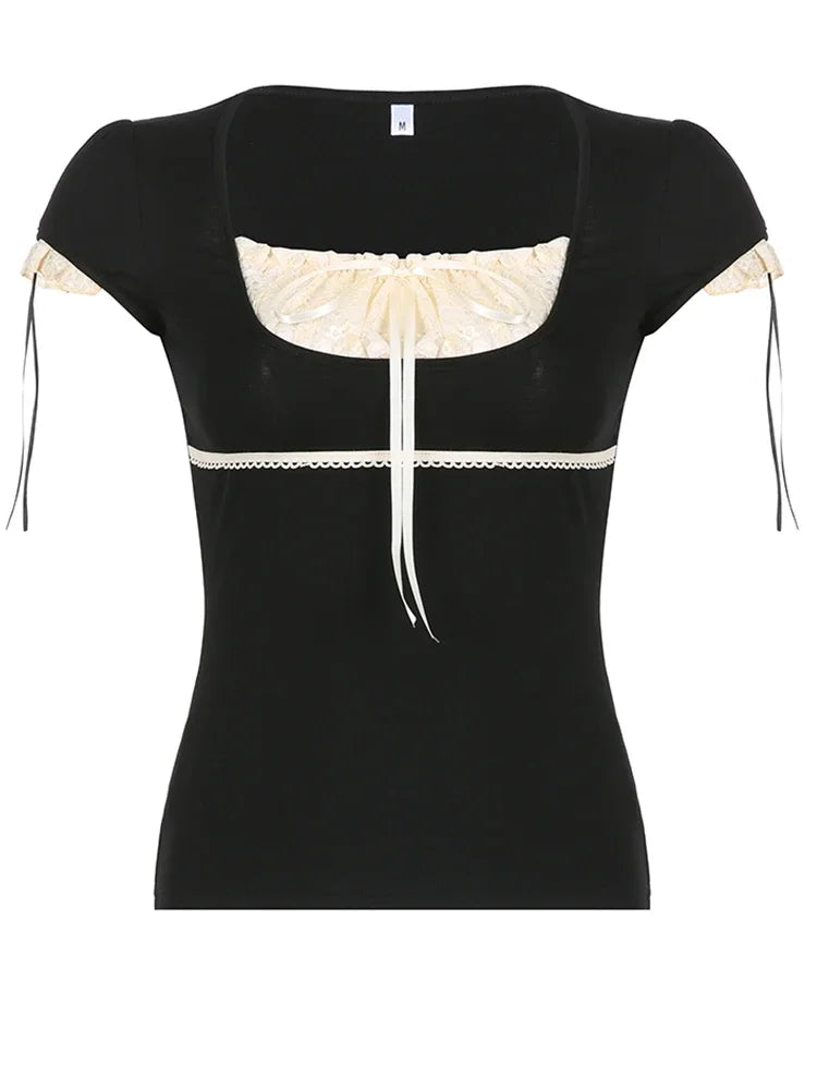 Lace Trim Crop Top: Sweet Square Neck Harajuku Tee From Kawaii Stop
