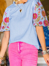 Blue and Pink Floral Embroidered Blouse from MsDressly