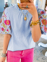 Blue and Pink Floral Embroidered Blouse from MsDressly