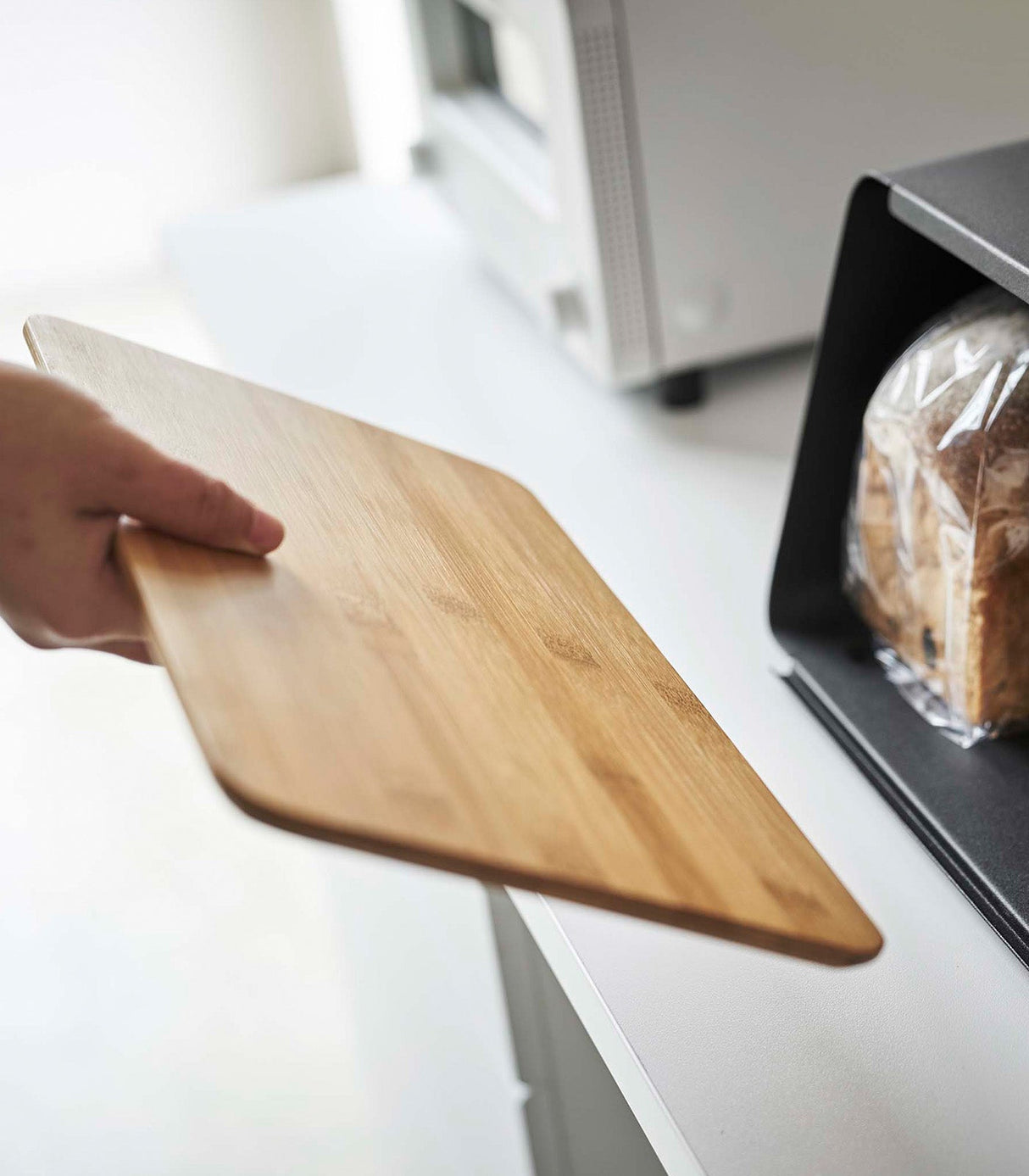 Bread Box with Cutting Board Lid - Steel + Wood from Yamazaki Home