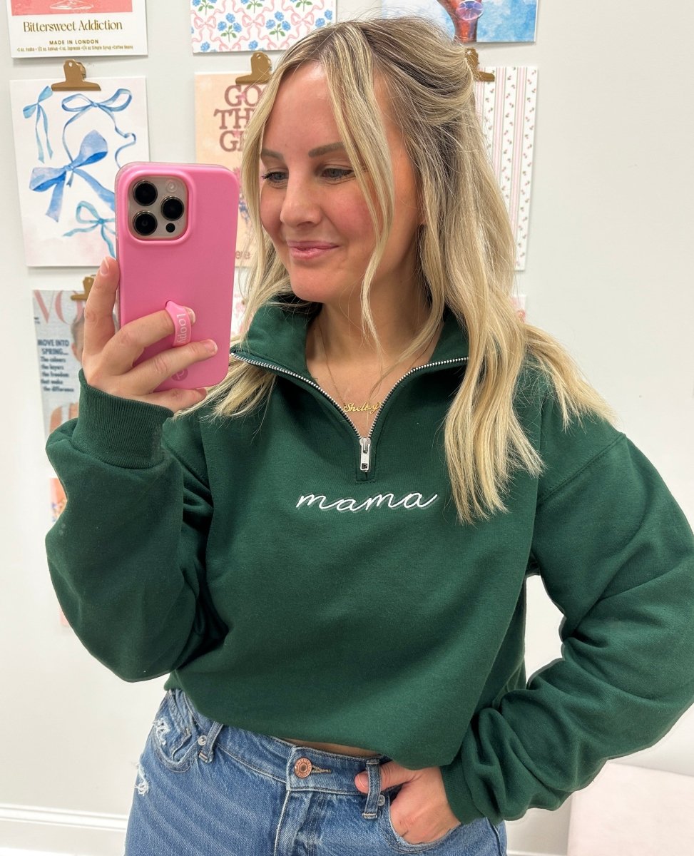 Mama 'Deep Breaths Reminder' Quarter Zip Sweatshirt from United Monograms