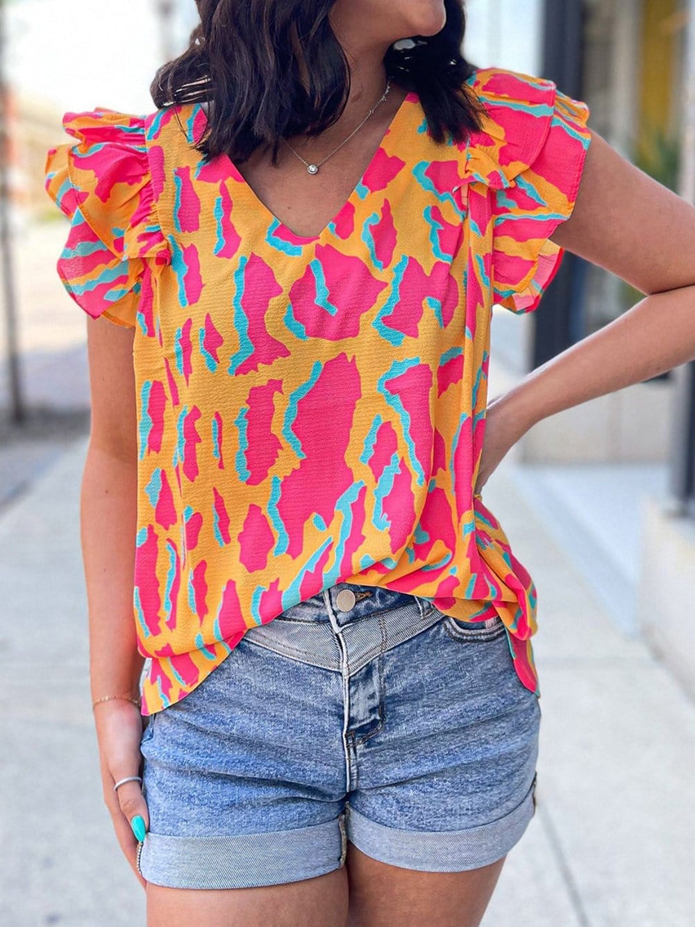 Abstract Print Ruffle Sleeve Blouse from MsDressly