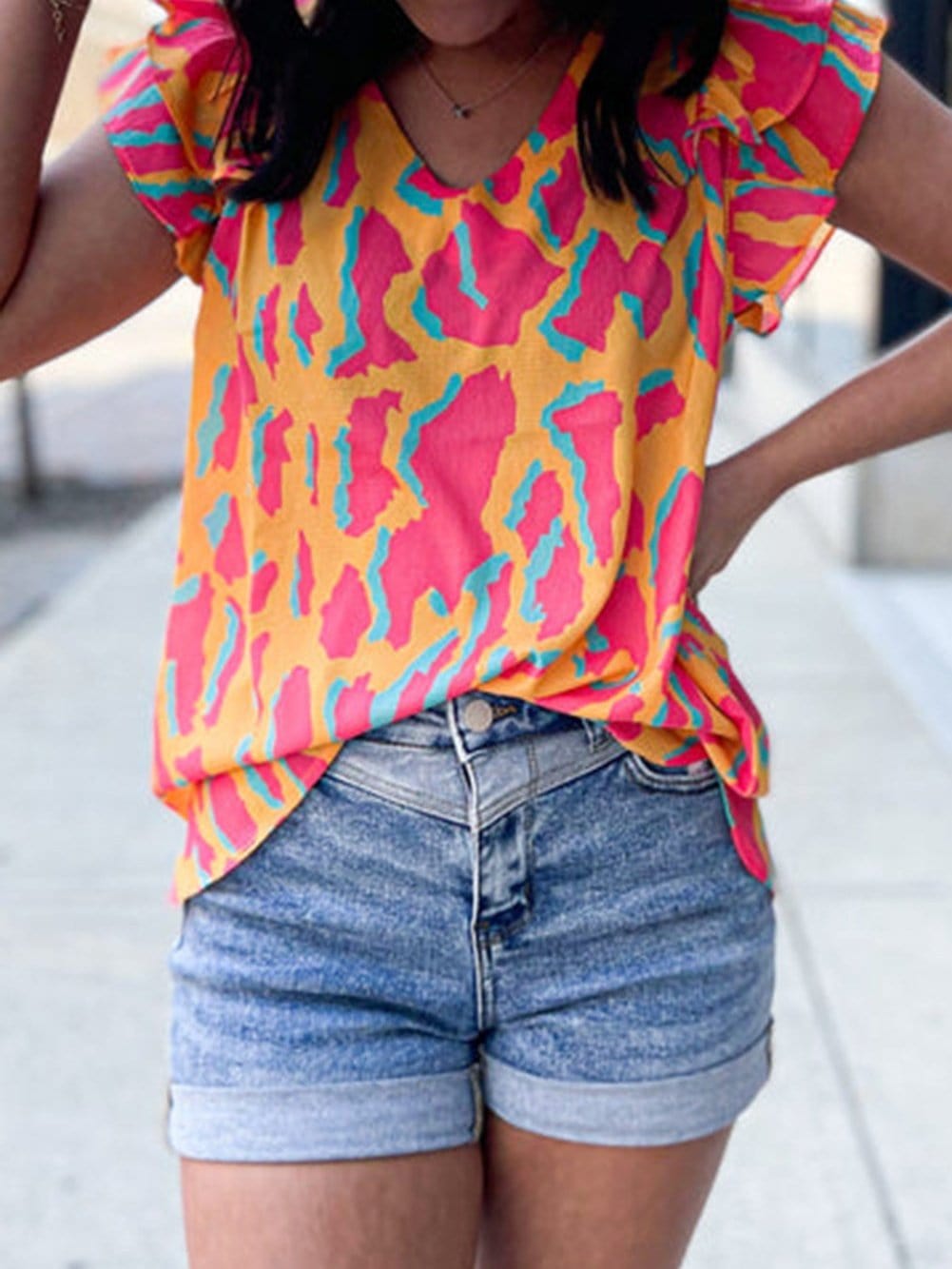 Abstract Print Ruffle Sleeve Blouse from MsDressly