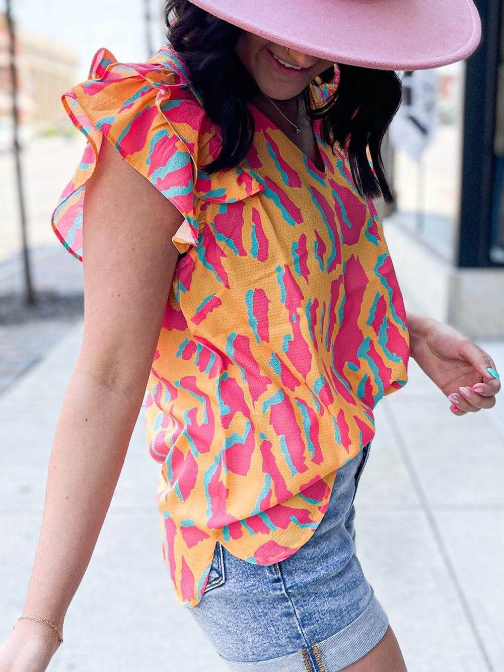 Abstract Print Ruffle Sleeve Blouse from MsDressly