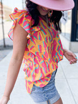 Abstract Print Ruffle Sleeve Blouse from MsDressly
