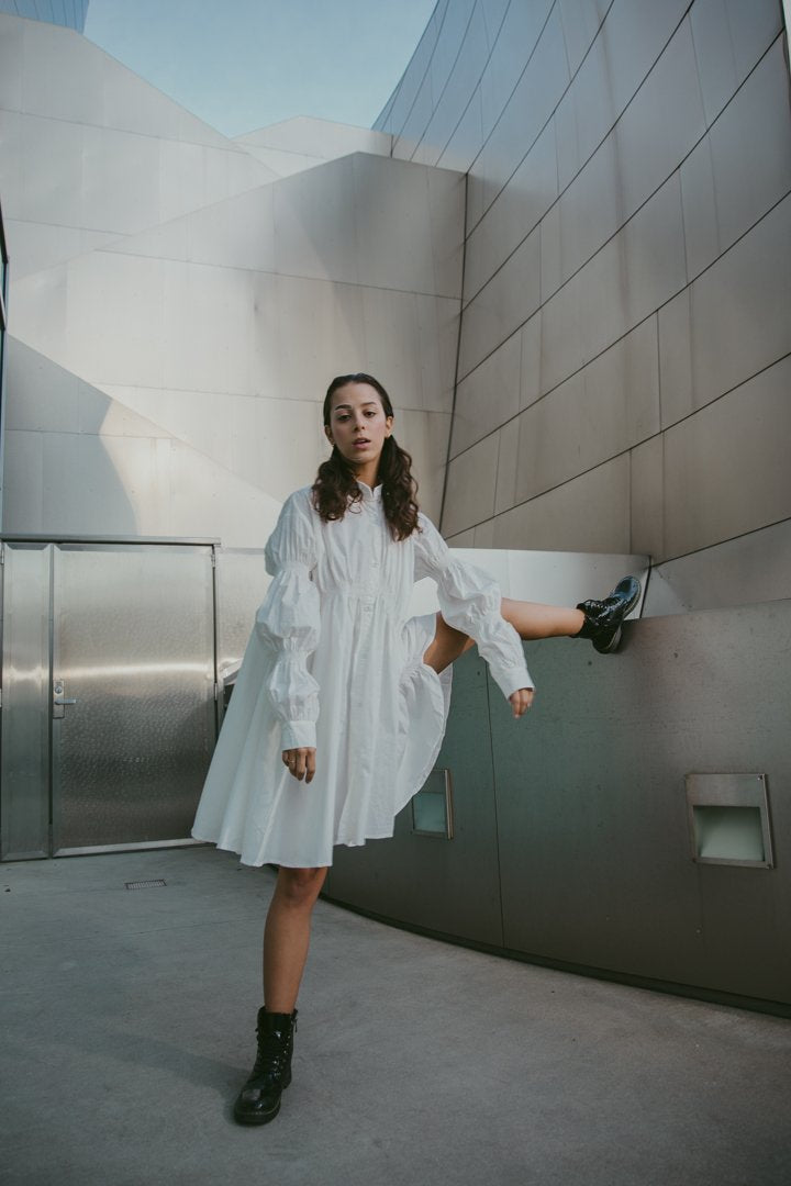 Hotaru Long Sleeve Pleated Shirt Dress - White from Marigold Shadows