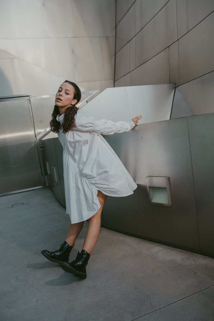 Hotaru Long Sleeve Pleated Shirt Dress - White from Marigold Shadows