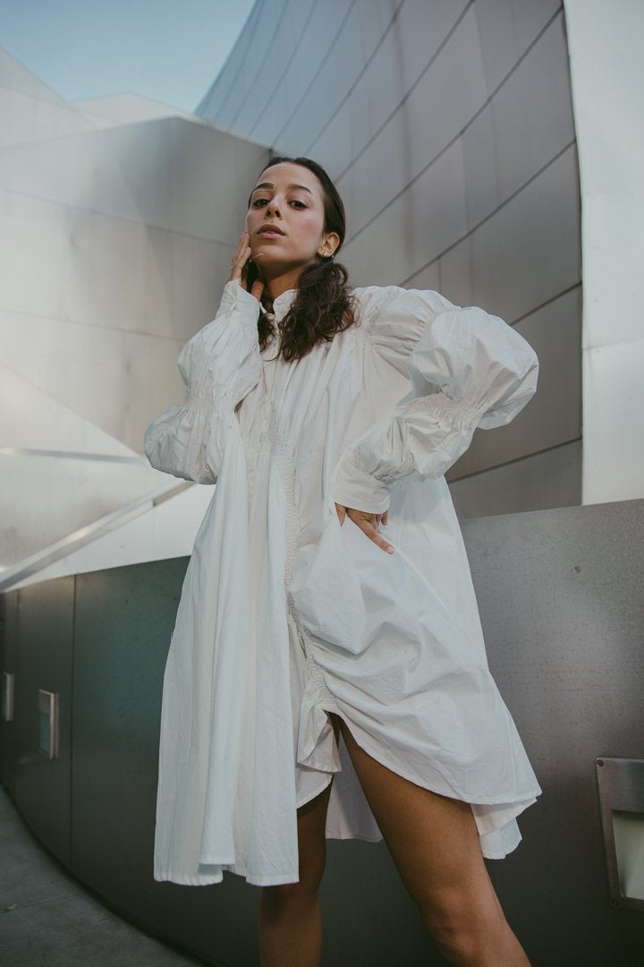 Hotaru Long Sleeve Pleated Shirt Dress - White from Marigold Shadows