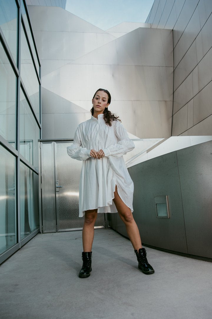 Hotaru Long Sleeve Pleated Shirt Dress - White from Marigold Shadows