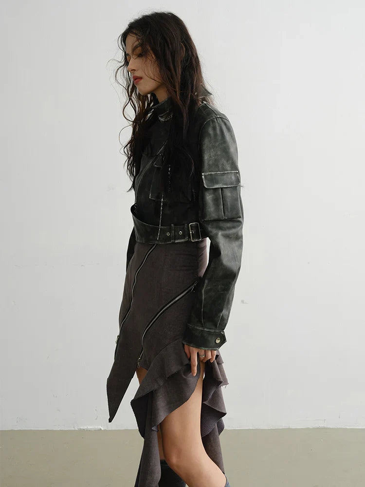 Cateey Vegan Leather Cropped Motorcycle Jacket from Marigold Shadows