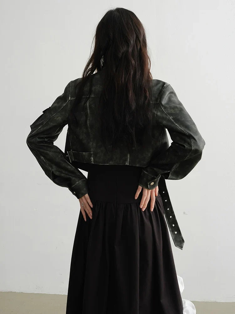 Cateey Vegan Leather Cropped Motorcycle Jacket from Marigold Shadows