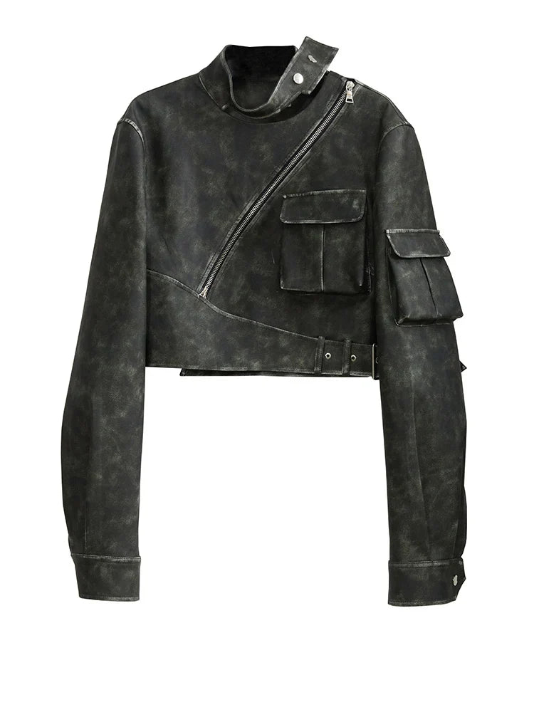 Cateey Vegan Leather Cropped Motorcycle Jacket from Marigold Shadows