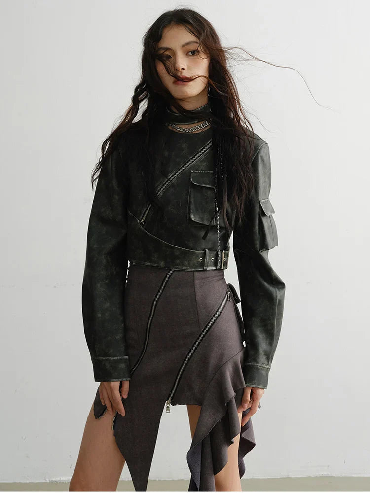 Cateey Vegan Leather Cropped Motorcycle Jacket from Marigold Shadows