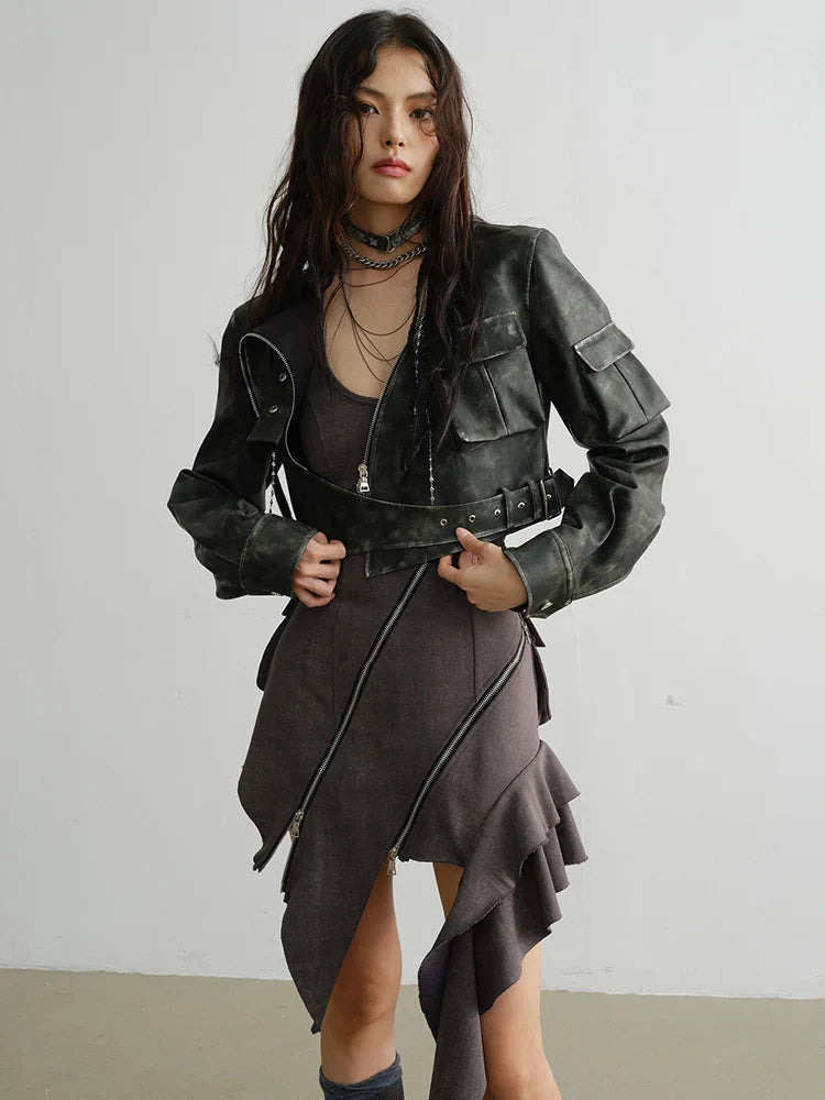 Cateey Vegan Leather Cropped Motorcycle Jacket from Marigold Shadows