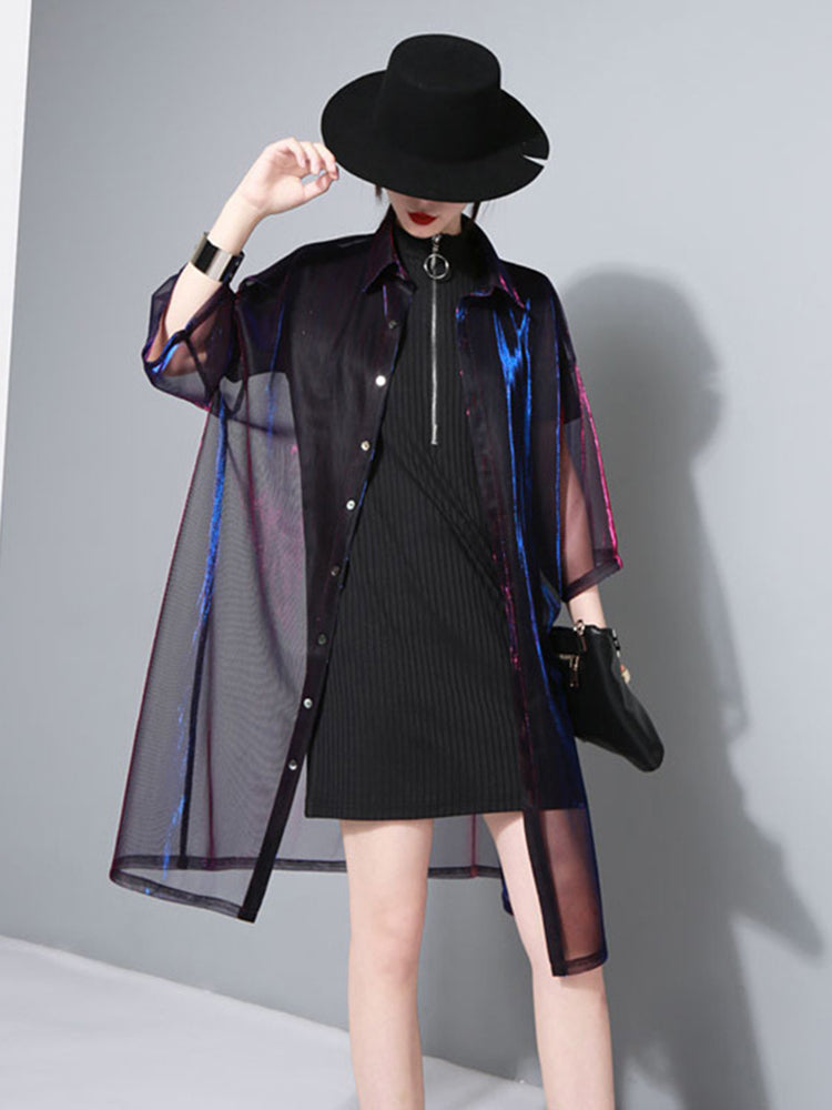 Reece Sheer Shimmer Shirt Dress - Rose Red Blue from Marigold Shadows