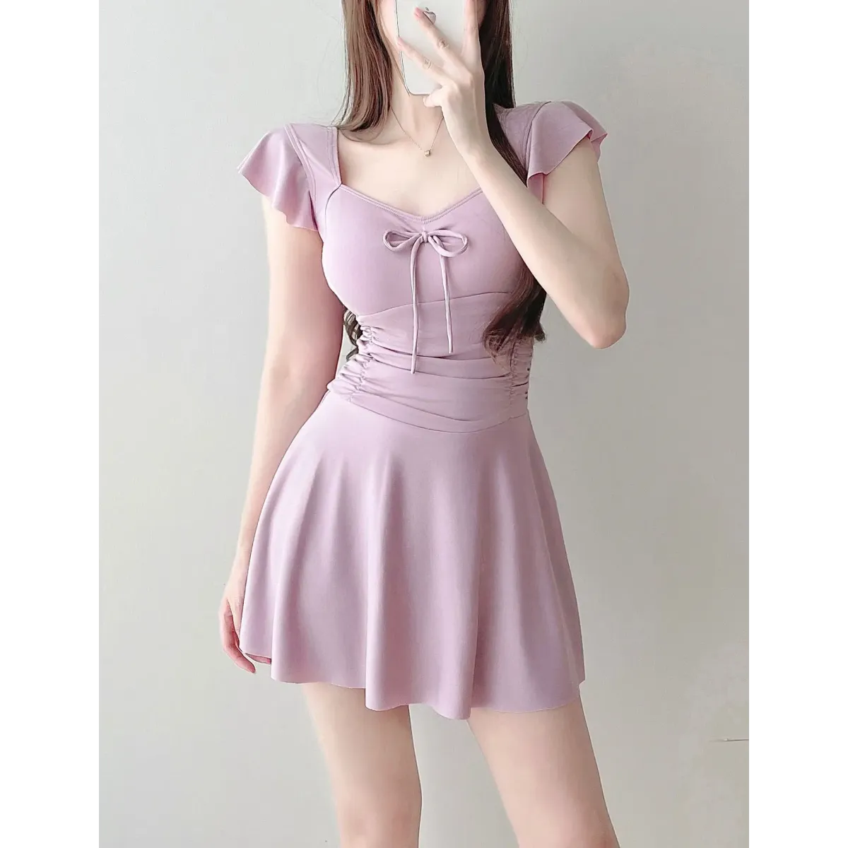 Mauve Ruffle Sleeve One Piece Swimsuit – Bow Detail Mini Dress Style Strap from Kawaii Stop