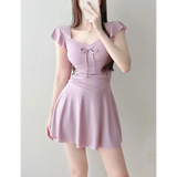 Mauve Ruffle Sleeve One Piece Swimsuit – Bow Detail Mini Dress Style Strap from Kawaii Stop