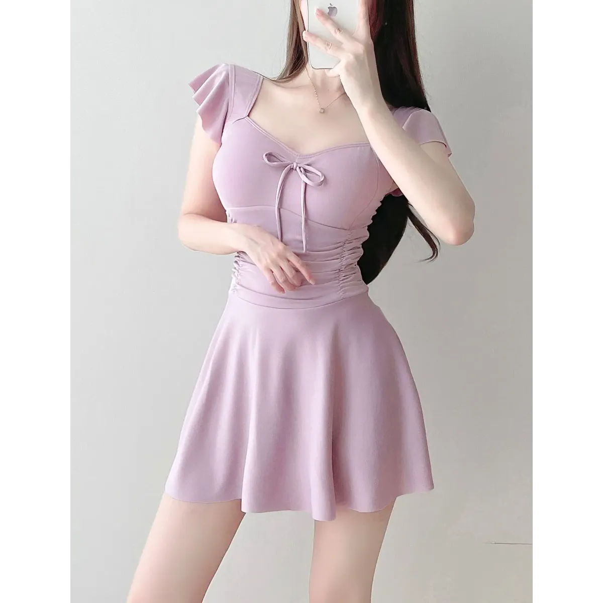 Mauve Ruffle Sleeve One Piece Swimsuit – Bow Detail Mini Dress Style Strap from Kawaii Stop