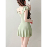 Mauve Ruffle Sleeve One Piece Swimsuit – Bow Detail Mini Dress Style Strap from Kawaii Stop