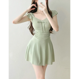 Mauve Ruffle Sleeve One Piece Swimsuit – Bow Detail Mini Dress Style Strap from Kawaii Stop