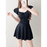 Mauve Ruffle Sleeve One Piece Swimsuit – Bow Detail Mini Dress Style Strap from Kawaii Stop