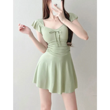 Mauve Ruffle Sleeve One Piece Swimsuit – Bow Detail Mini Dress Style Strap from Kawaii Stop