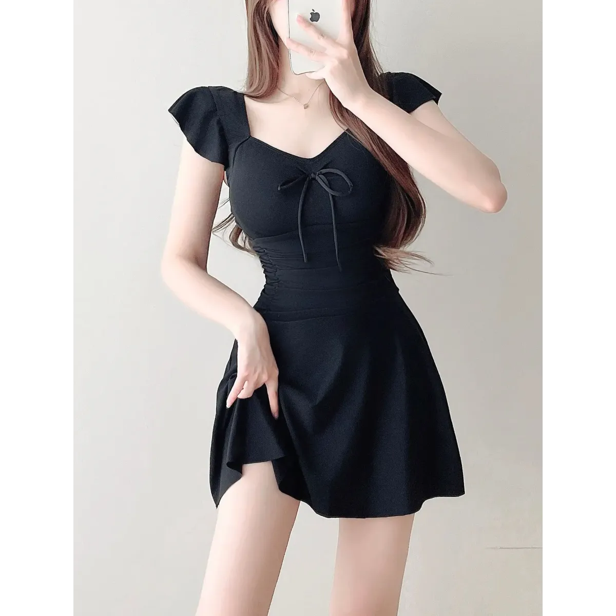 Mauve Ruffle Sleeve One Piece Swimsuit – Bow Detail Mini Dress Style Strap from Kawaii Stop