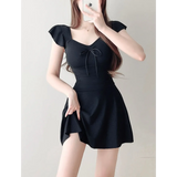 Mauve Ruffle Sleeve One Piece Swimsuit – Bow Detail Mini Dress Style Strap from Kawaii Stop