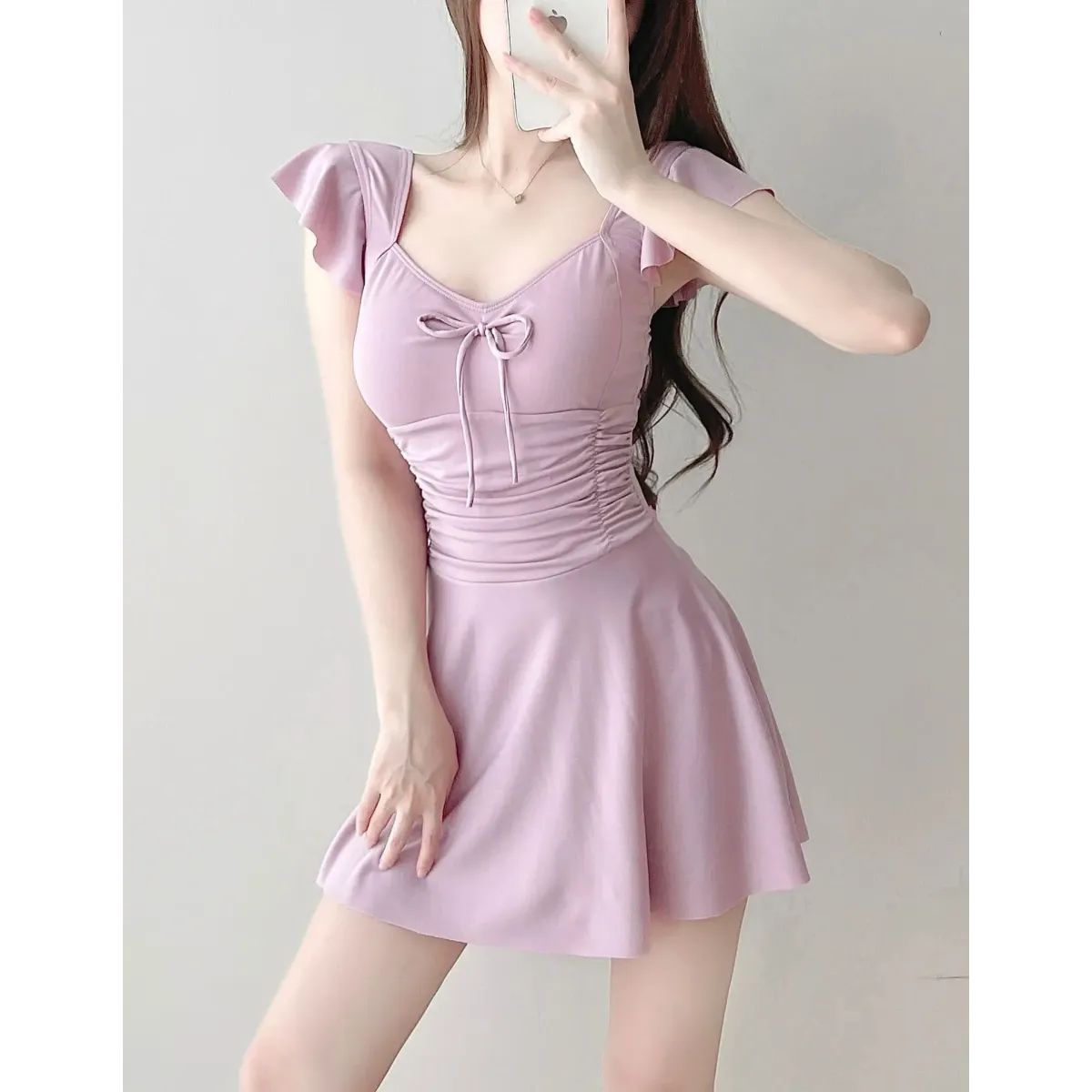 Mauve Ruffle Sleeve One Piece Swimsuit – Bow Detail Mini Dress Style Strap from Kawaii Stop