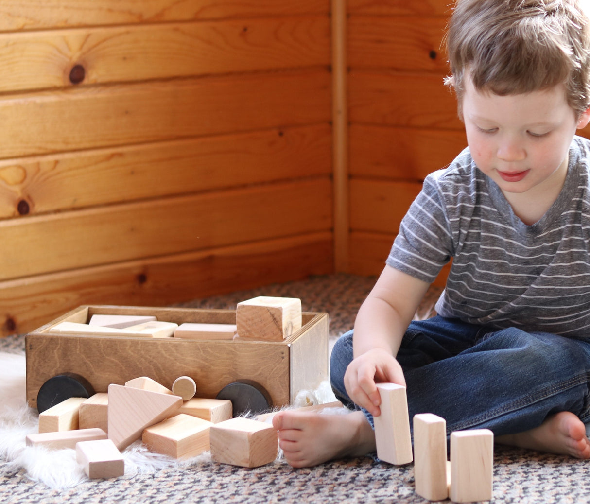 Amish-Made Wooden Toddler Pull Wagon Toy with Wood Building Blocks From AmishToyBox.com