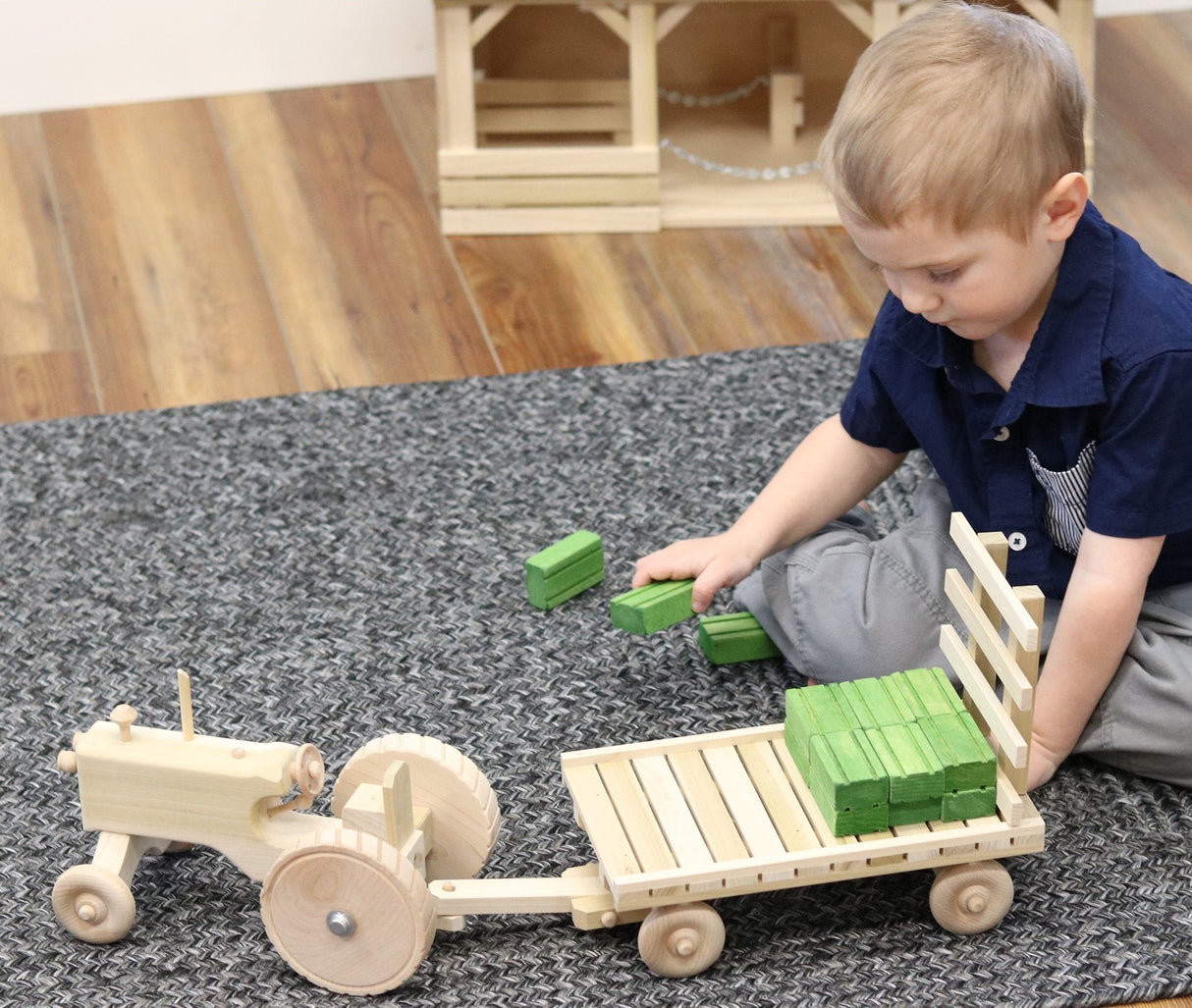 Amish-Made Wooden Toy Tractor & Hay Wagon Set with Hay Bales From AmishToyBox.com