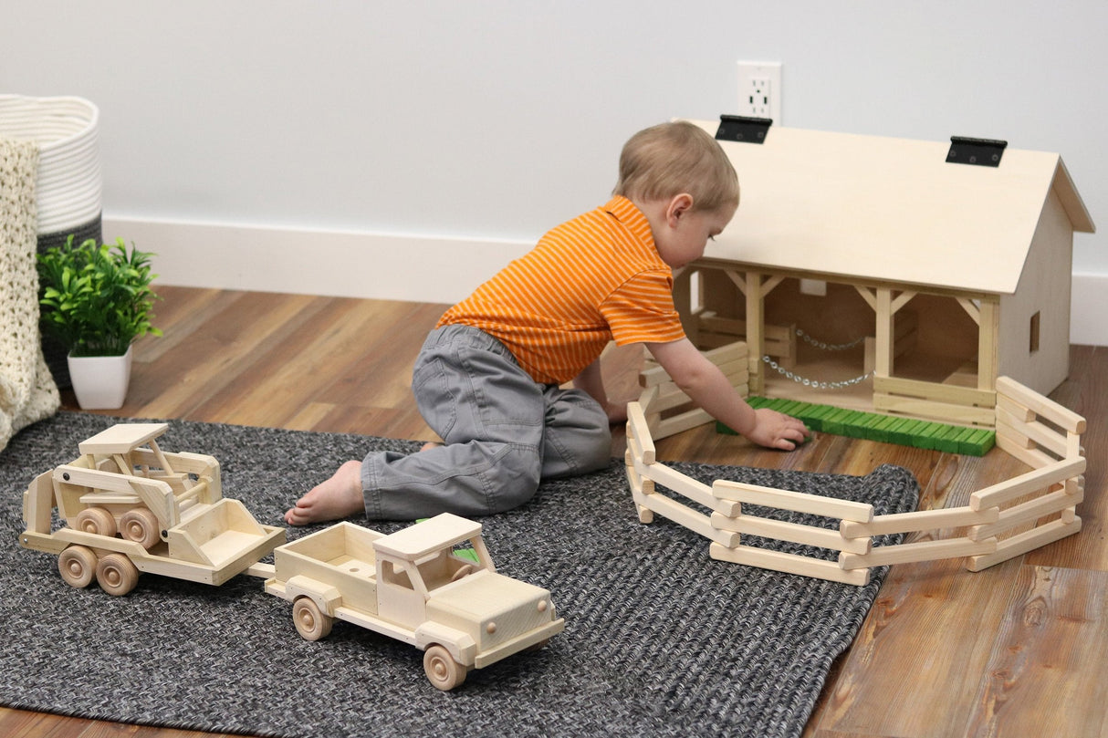 Wooden Toy Pickup Truck and Flatbed Trailer with Skidloader Set From AmishToyBox.com