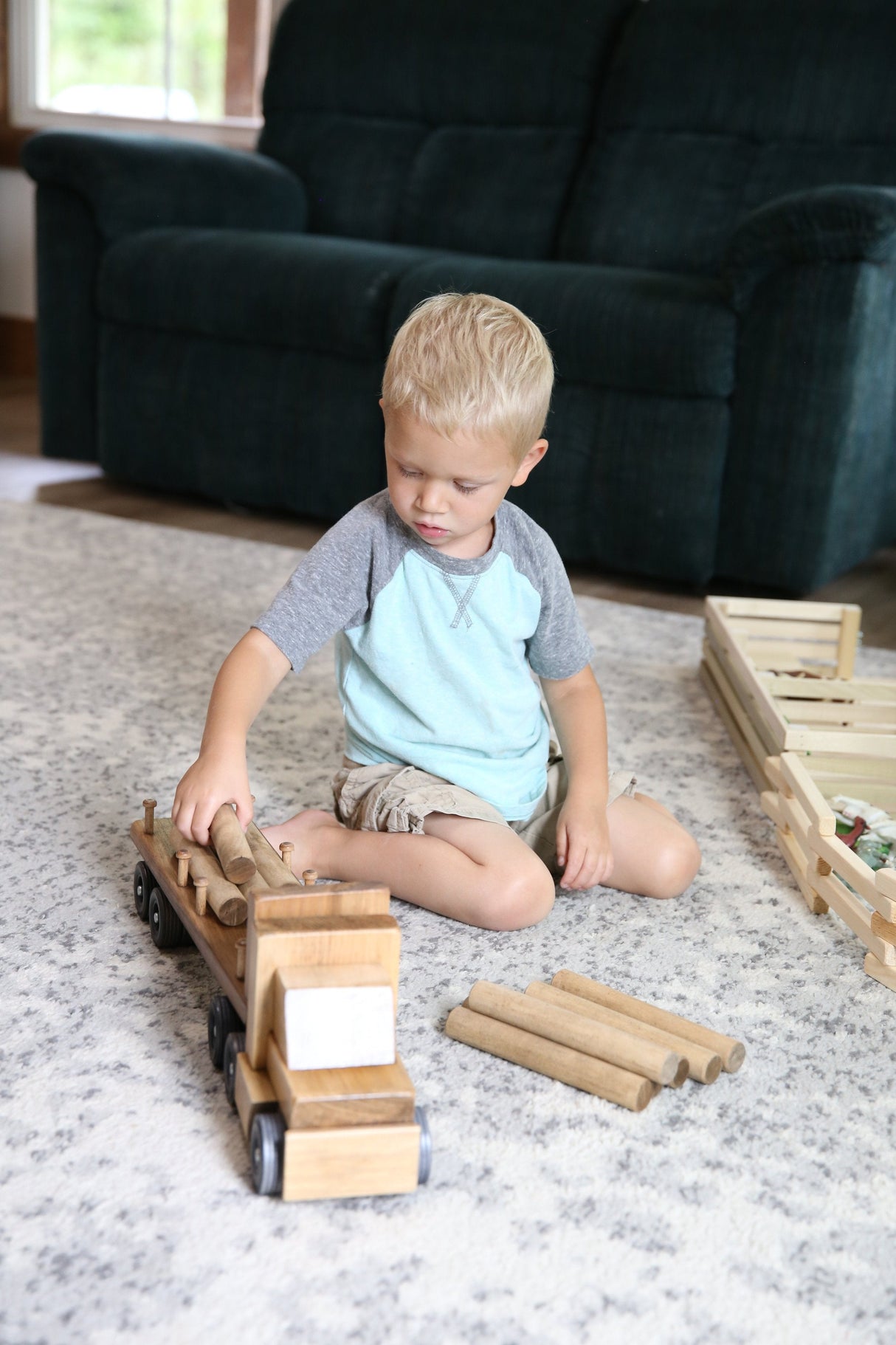 Amish-Made Wooden Log Semi Truck Toy, With Removable Logs From AmishToyBox.com