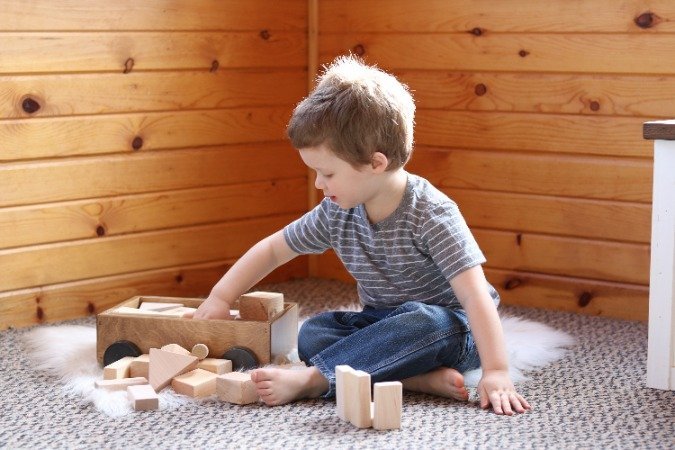 Amish-Made Wooden Toddler Pull Wagon Toy with Wood Building Blocks From AmishToyBox.com