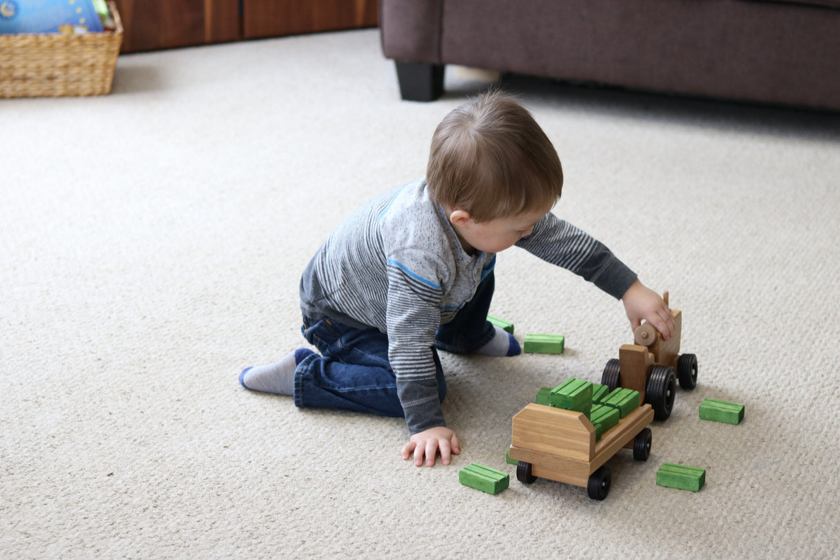Amish-Made Wooden Toy Tractor and Wagon Set with Hay Bales From AmishToyBox.com
