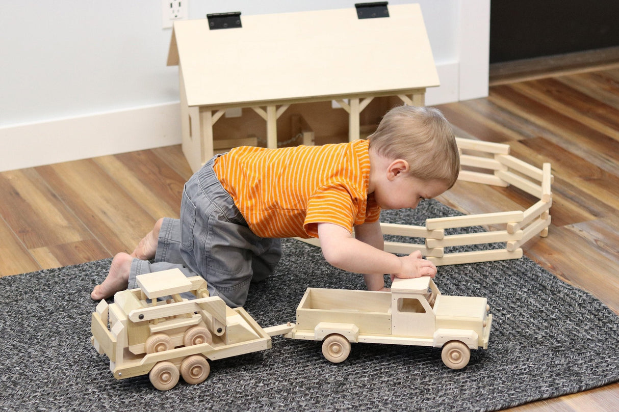 Wooden Toy Pickup Truck and Flatbed Trailer with Skidloader Set From AmishToyBox.com