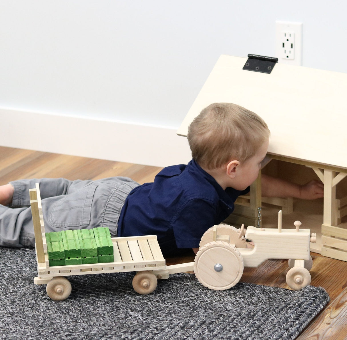 Amish-Made Wooden Toy Tractor & Hay Wagon Set with Hay Bales From AmishToyBox.com