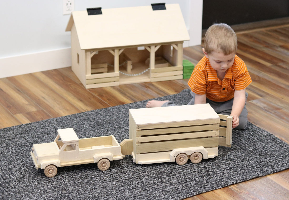Amish-Made Wooden Pickup & Horse Trailer Toy Set, Unfinished From AmishToyBox.com