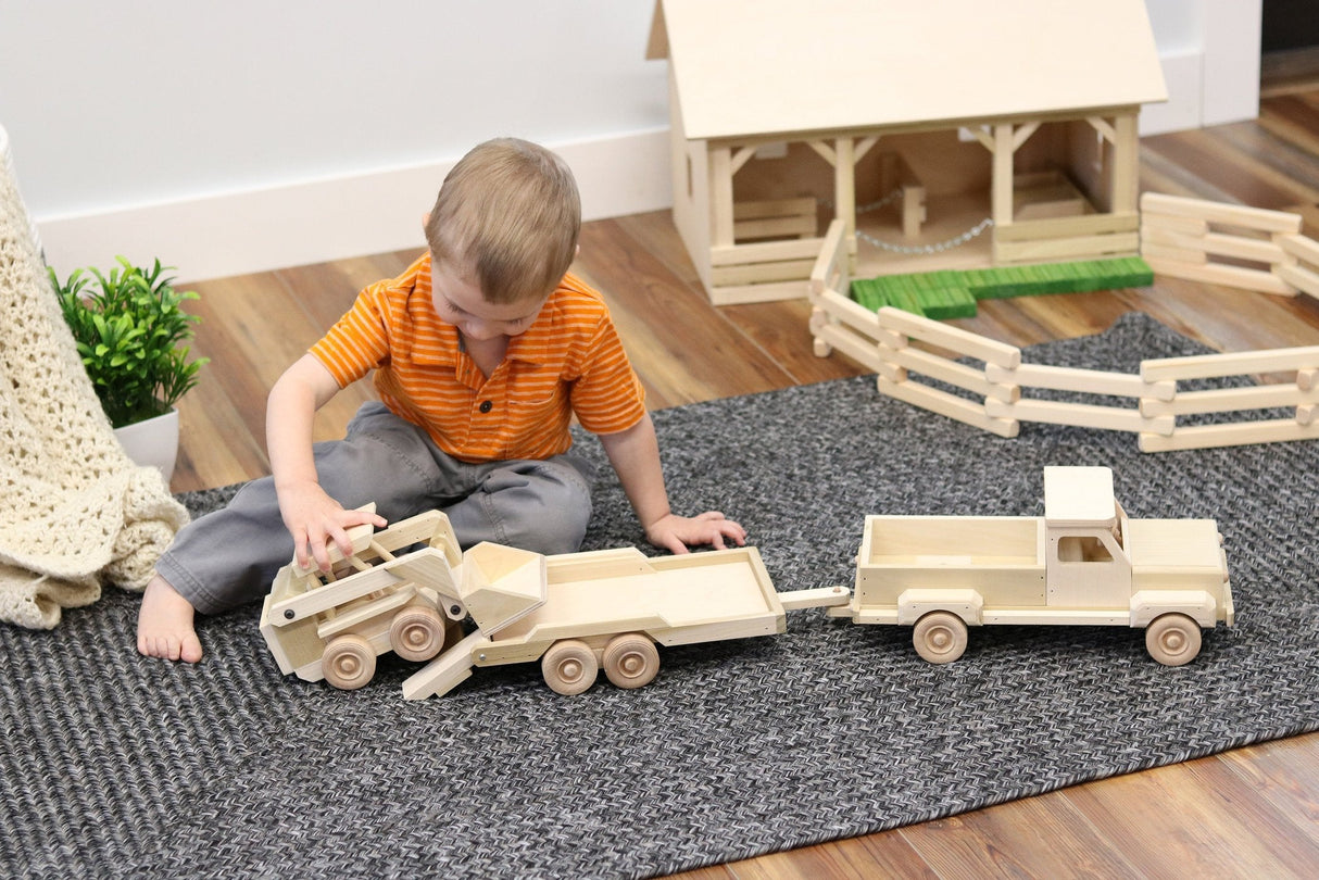 Wooden Toy Pickup Truck and Flatbed Trailer with Skidloader Set From AmishToyBox.com