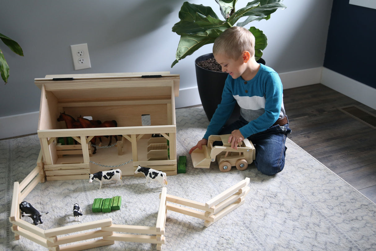 Amish-Made Wooden Skidloader Toy, Skid Steer with Movable Bucket From AmishToyBox.com