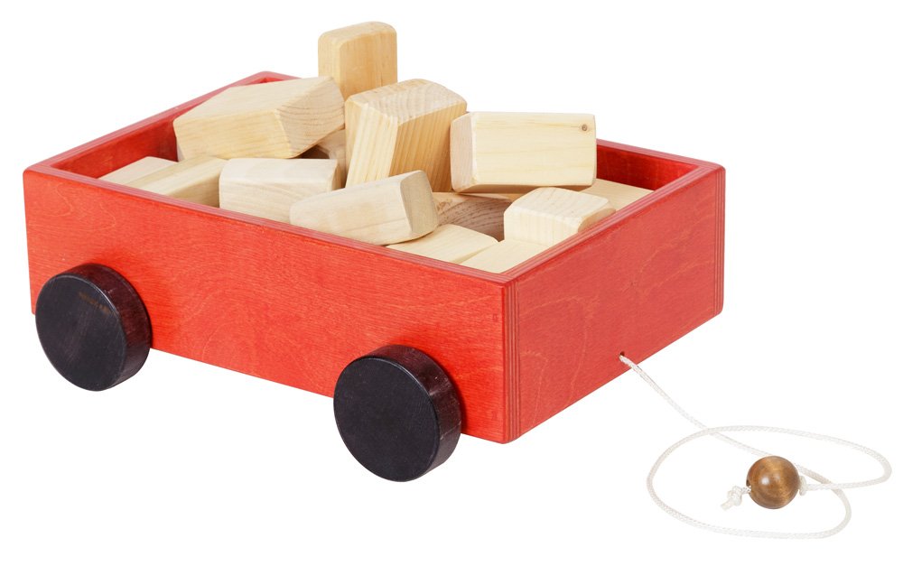 Amish-Made Wooden Toddler Pull Wagon Toy with Wood Building Blocks From AmishToyBox.com