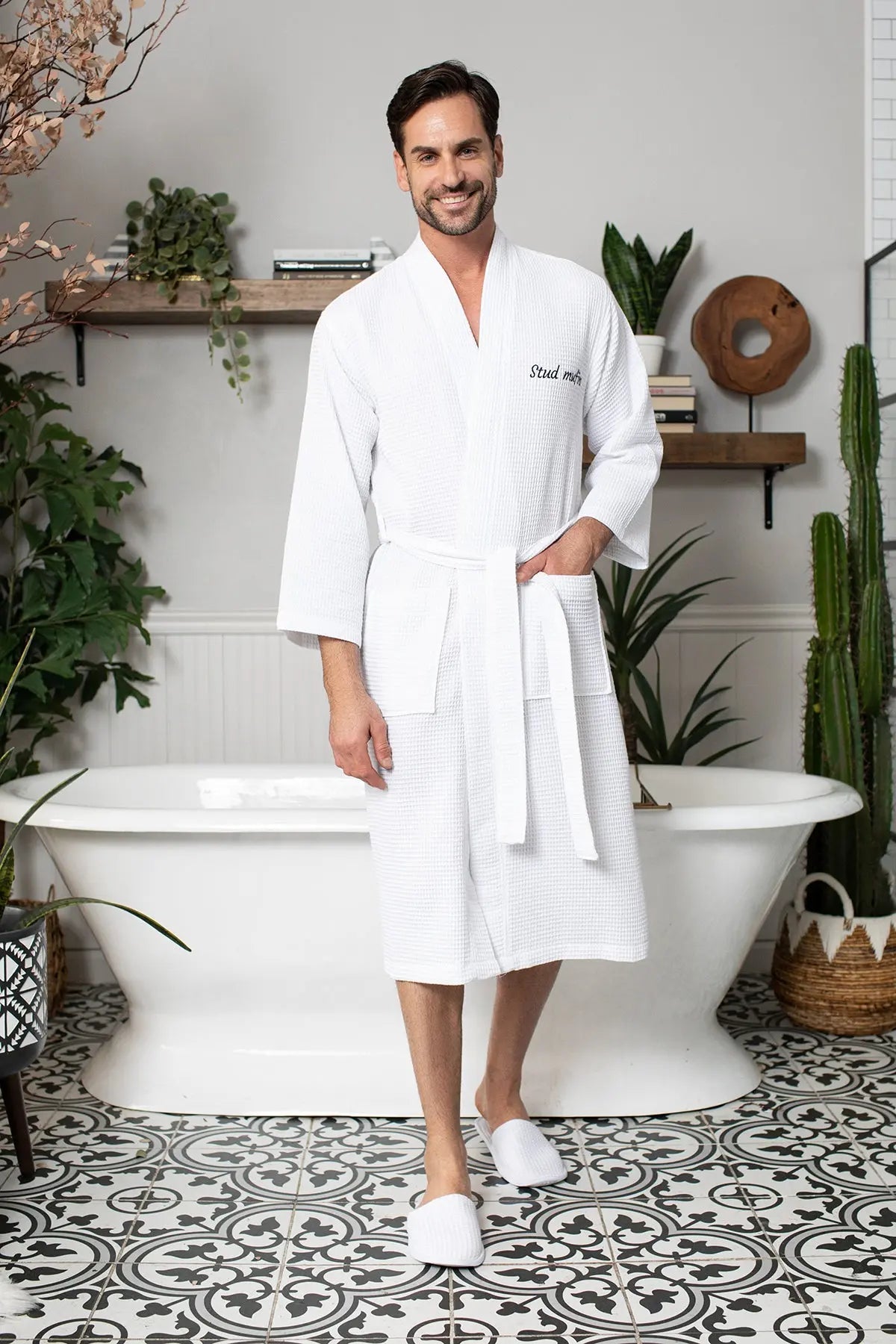 Waffle Kimono Spa Bathrobe for Men -  Absorbent, Lightweight From Lotus Linen
