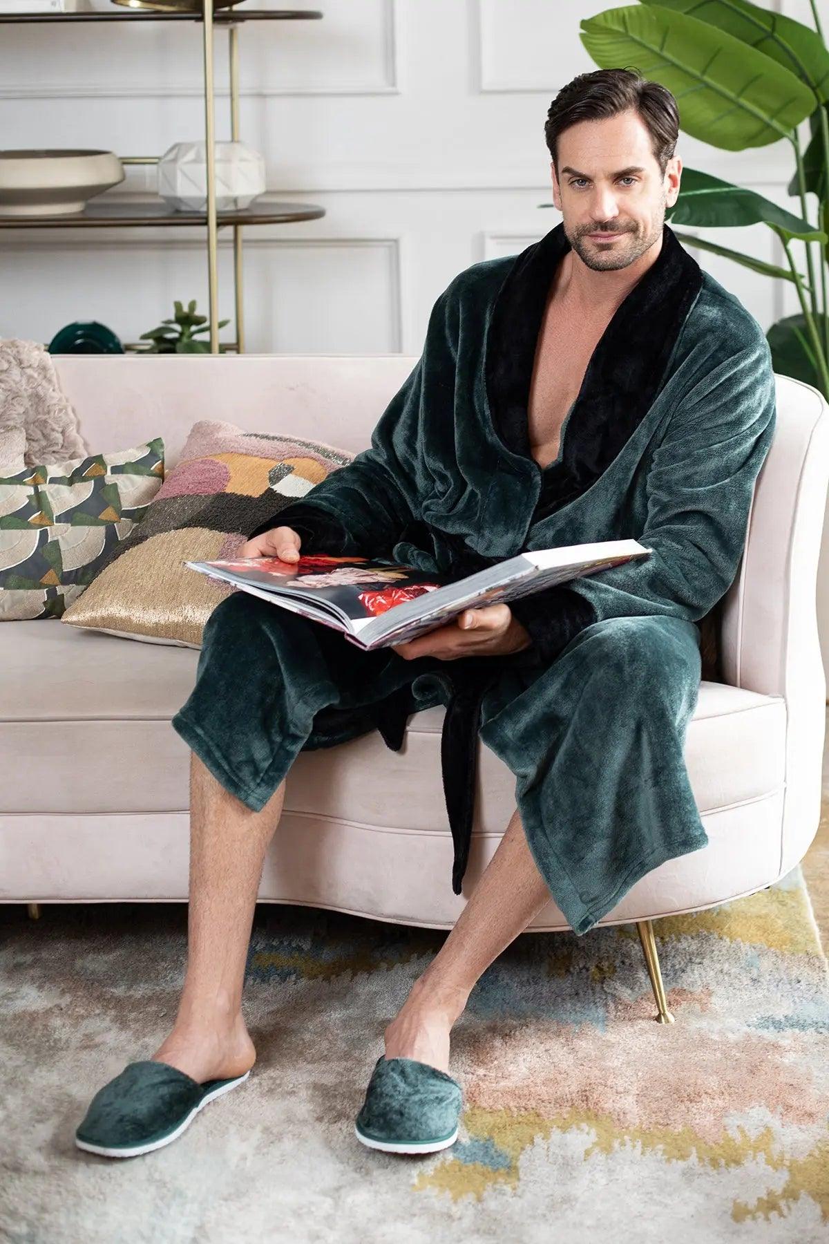 Fleece Bathrobe With Shawl Collar for Men From Lotus Linen