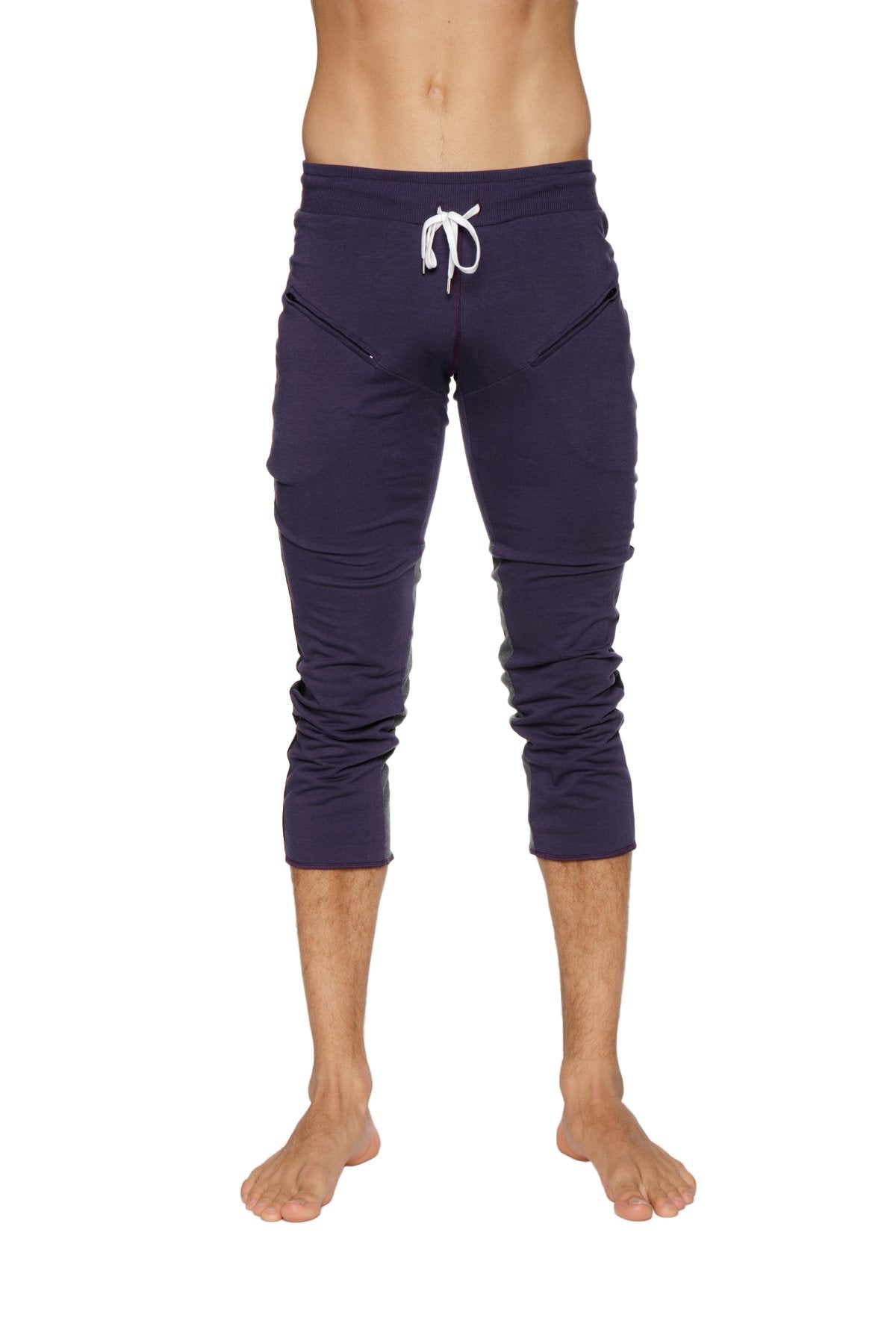 Mens 4/5 Zipper Pocket Capri Yoga Pants (Eggplant w/Black & Charcoal) from 4-rth