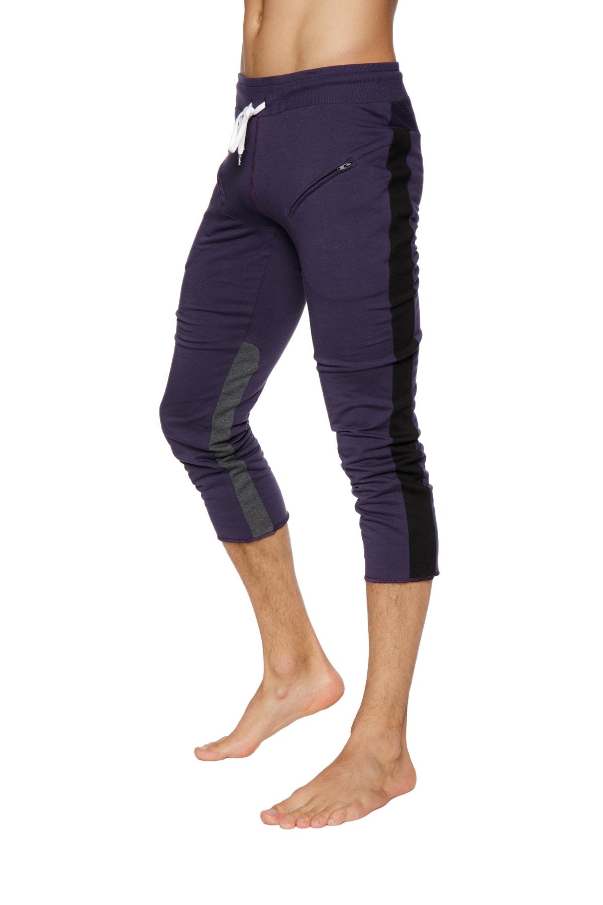 Mens 4/5 Zipper Pocket Capri Yoga Pants (Eggplant w/Black & Charcoal) from 4-rth