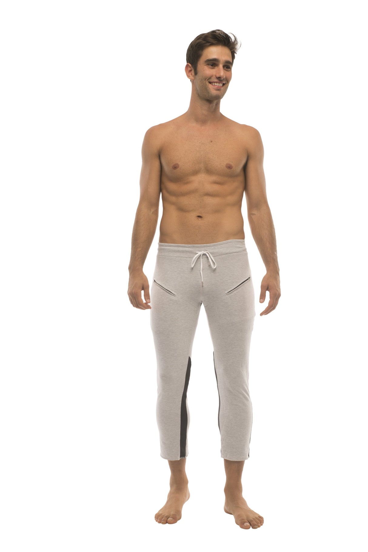 Mens 4/5 Zipper Pocket Capri Yoga Pants (GREY w/Charcoal & Black) from 4-rth