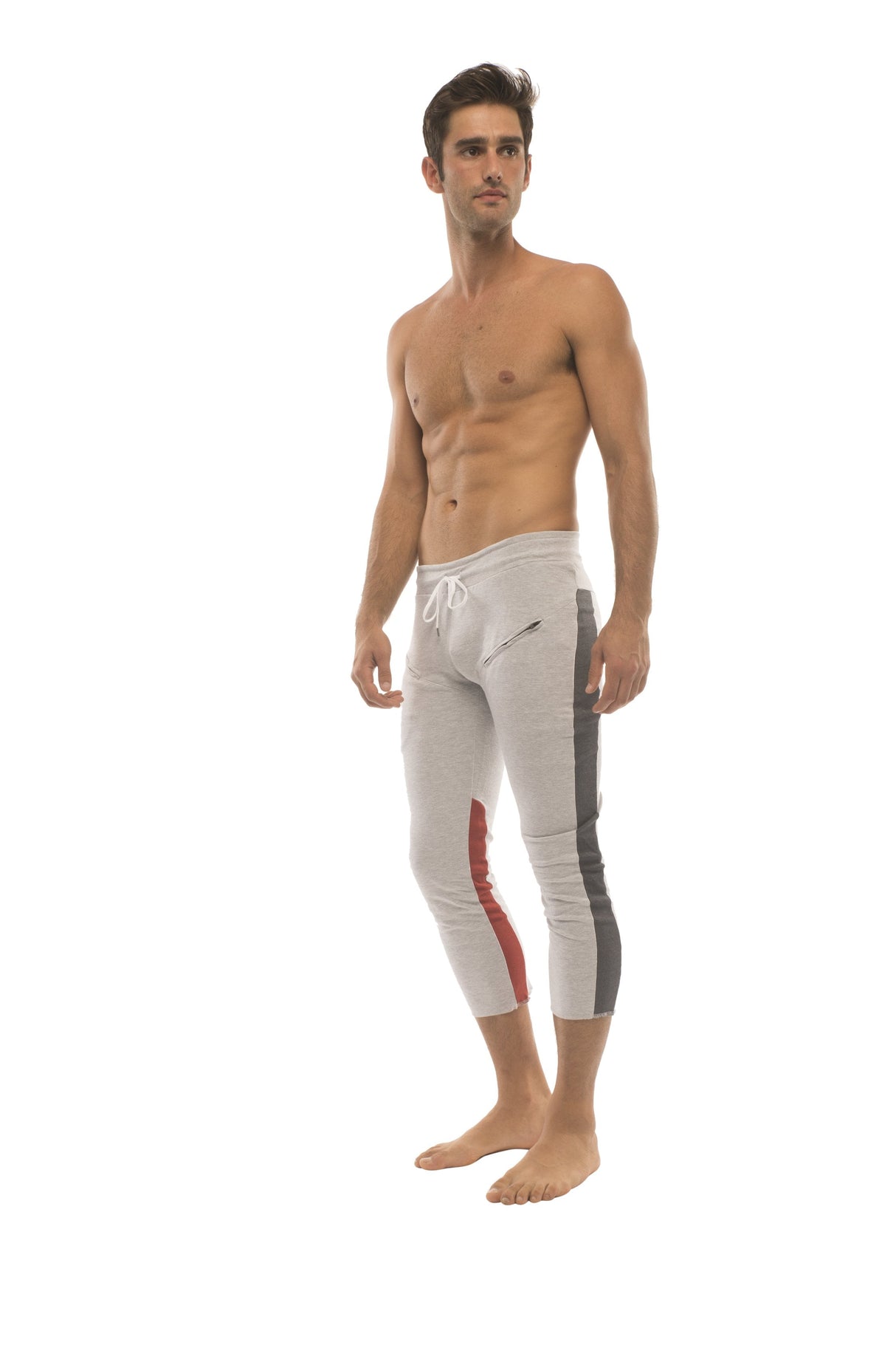 Mens 4/5 Zipper Pocket Capri Yoga Pants (GREY w/Charcoal & Red) from 4-rth