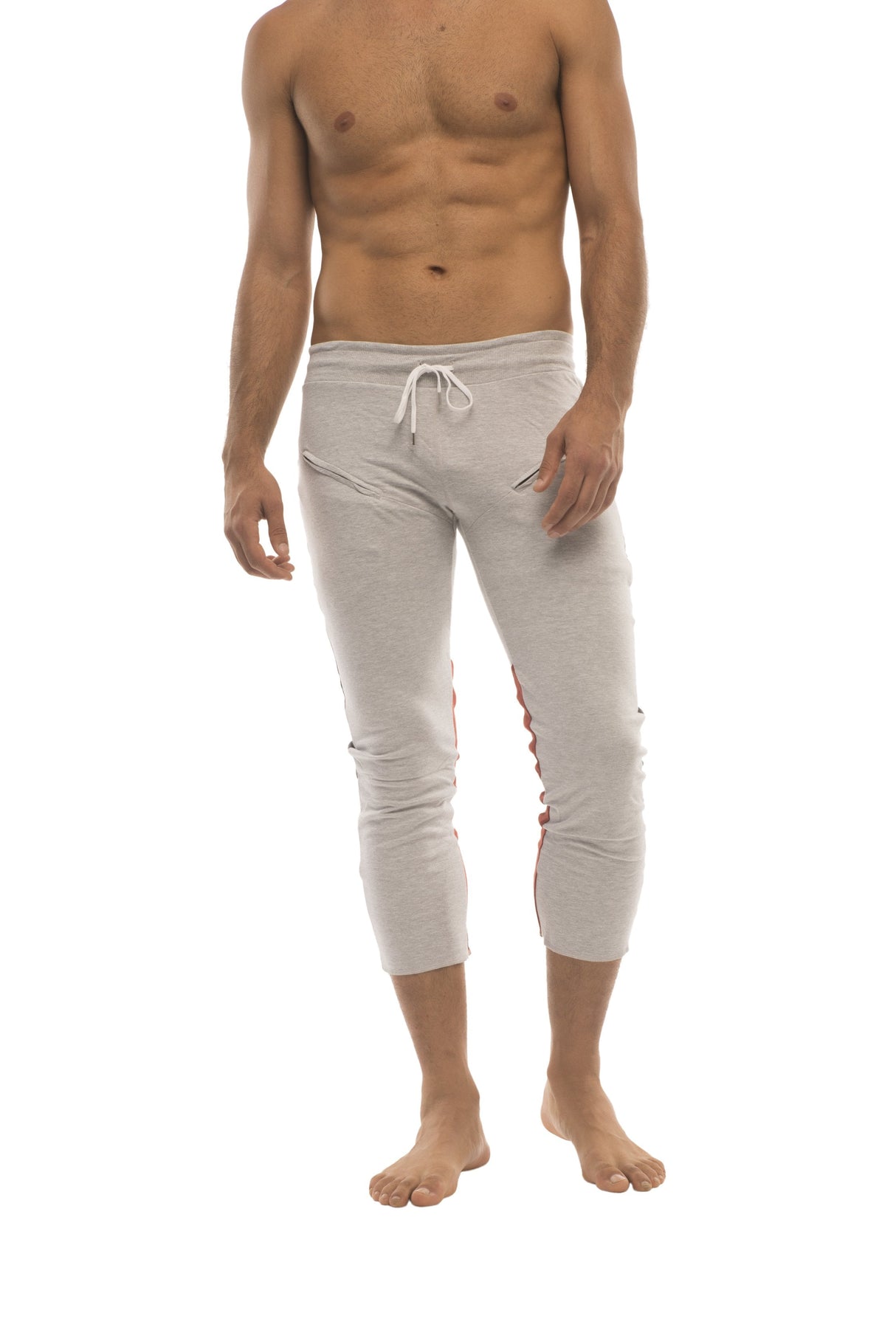 Mens 4/5 Zipper Pocket Capri Yoga Pants (GREY w/Charcoal & Red) from 4-rth