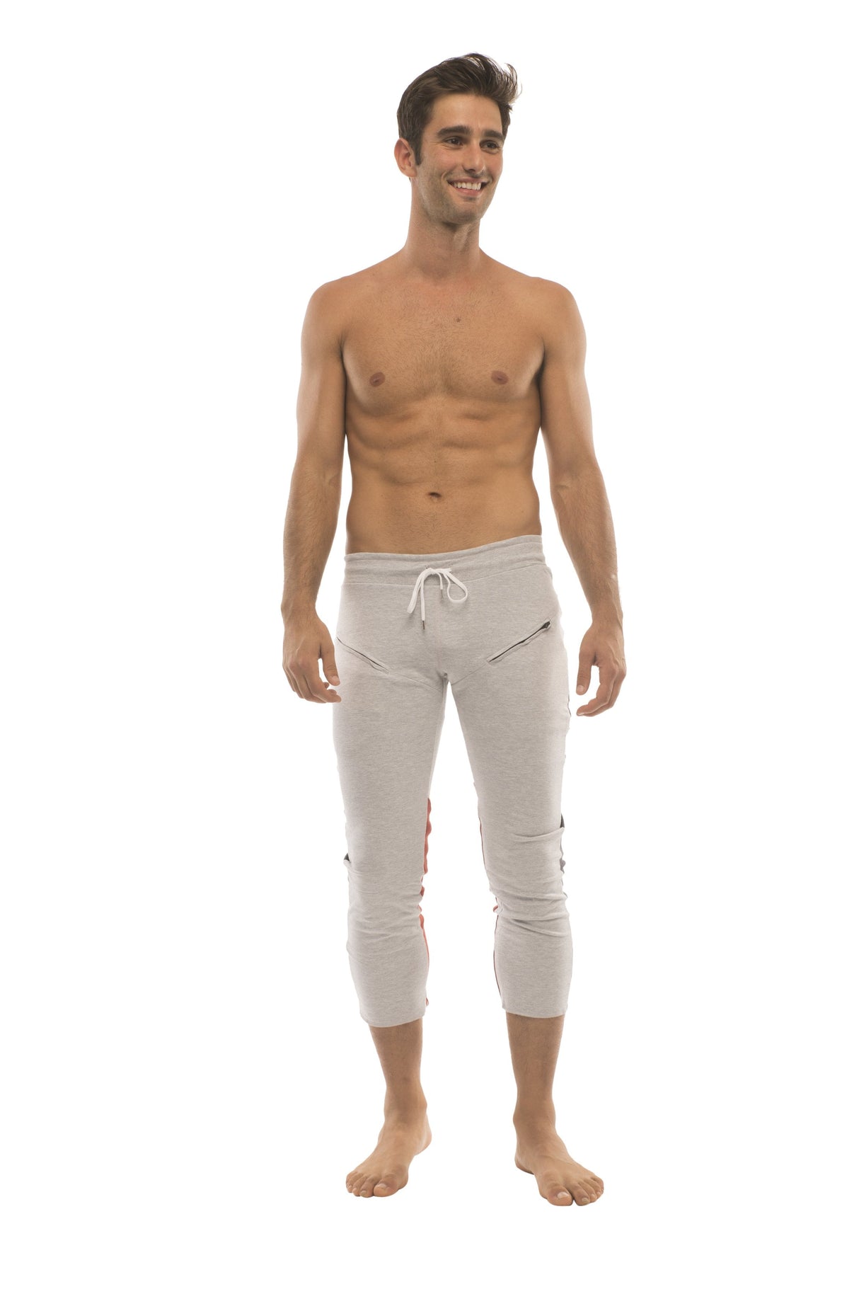 Mens 4/5 Zipper Pocket Capri Yoga Pants (GREY w/Charcoal & Red) from 4-rth